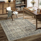 Vintage Area Rug 4x6 Brown Entryway Office Washable Carpet Non Slip Bedroom Indoor Living Room Door Mat Low Pile Traditional Distressed Retro Accent Rug for Dining Room Bathroom Kitchen