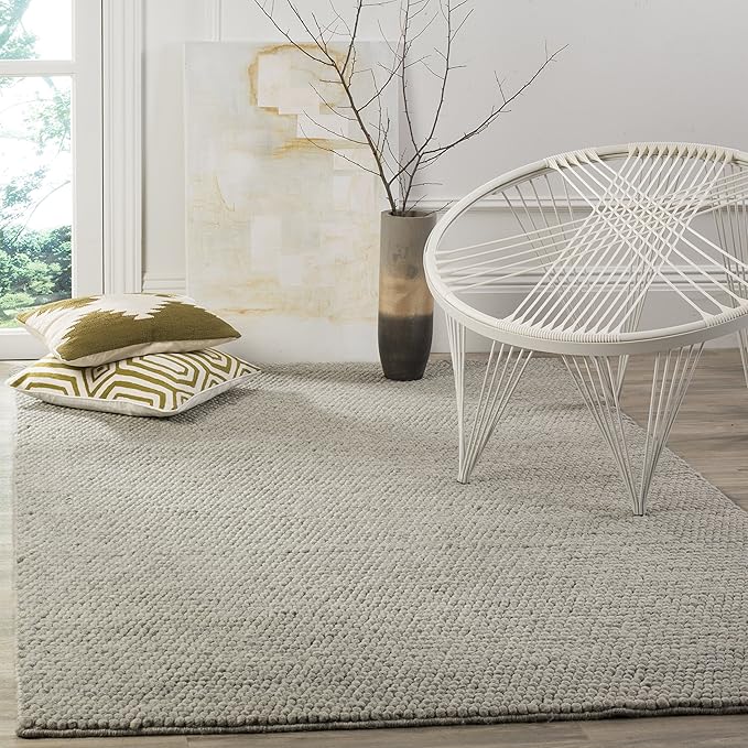 SAFAVIEH Natura Collection Area Rug - 8' Square, Silver, Handmade Wool Blend, Textured Design, Ideal for Living Room, Bedroom, Dining Space (NAT620C)