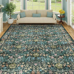 DUKINO 8x10 Area Rugs for Living Room, Vintage Floral Washable Rug with Non Slip Backing, Soft Low Pile & Non-Shedding Large Carpets for Bedroom, Farmhouse, Dining Room, Home Office, Blue