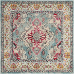 SAFAVIEH Monaco Collection Area Rug - 3' Square, Light Blue & Fuchsia, Boho Chic Medallion Distressed Design, Non-Shedding & Easy Care, Ideal for High Traffic Areas in Living Room, Bedroom (MNC243J)