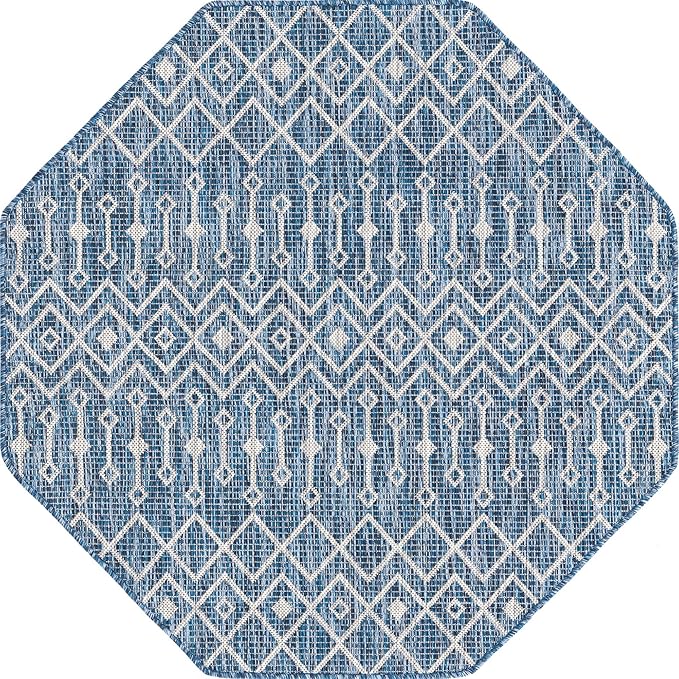 Unique Loom Outdoor Trellis Collection Area Rug - Tribal Trellis (4' 1" Octagon, Blue/ Ivory)