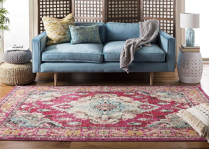 SAFAVIEH Monaco Collection 8' Round PinkMulti MNC243D Boho Chic Medallion Distressed Non-Shedding Living Room Dining Bedroom Foyer Area Rug