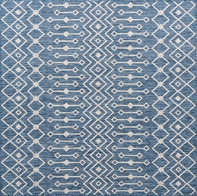 Unique Loom Outdoor Trellis Collection Area Rug - Tribal Trellis (8' Square, Blue/ Ivory)