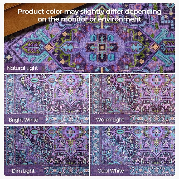 Kokia 6x9 Washable Area Rugs Violet Purple with Vintage Orient Design Soft Rug for Living Room or Home Office Non-Slip Low Pile Stain Resistance Features Distressed Medallion Pattern