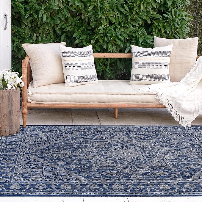 FH Home Flat Woven Outdoor Rug - Waterproof, Easy to Clean, Stain Resistant - Premium Polypropylene Yarn - Vintage - Patio, Deck, Porch,Balcony,Laundry Room - Amol - Blue - 3ft 11 in x 5ft 6in