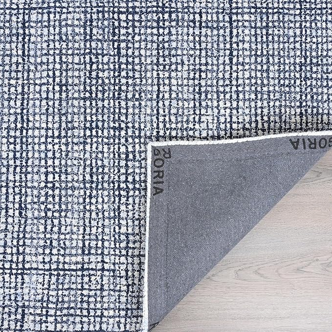 Hand-Tufted 100% Wool Pile Area Rug – Geometric Textured Grid Check Pattern – Thick and Durable Floor Carpet for Bedroom, Living Room, Kids Room, and Dining Area (Navy Blue, 8' x 8')