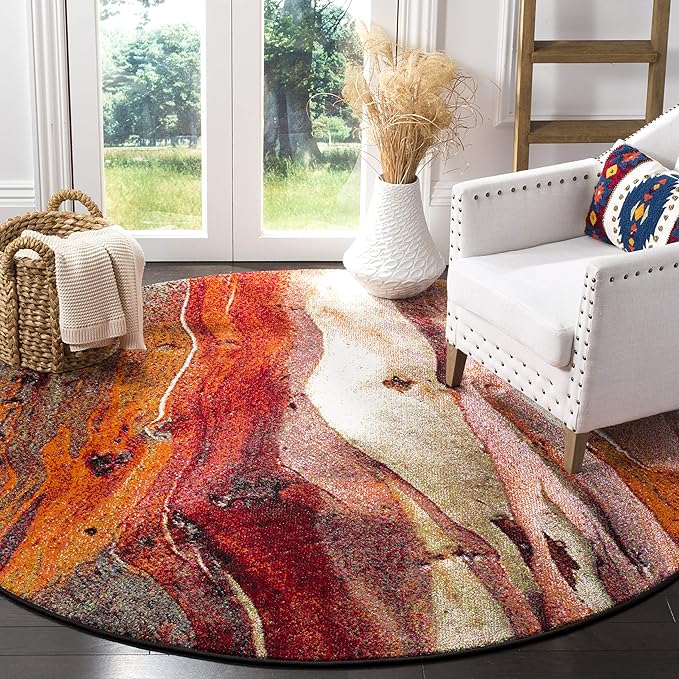 SAFAVIEH Glacier Collection 12' Round Red/Multi GLA126A Modern Abstract Non-Shedding Entryway Foyer Living Room Bedroom Kitchen Area Rug