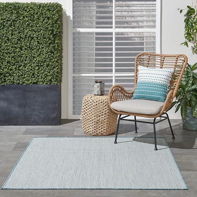 Nourison Home Courtyard Ivory Aqua 5' x Square Area Rug - Easy Clean, Non Shedding, Bed Room, Living Room, Dining Room, Kitchen (5' x Square)