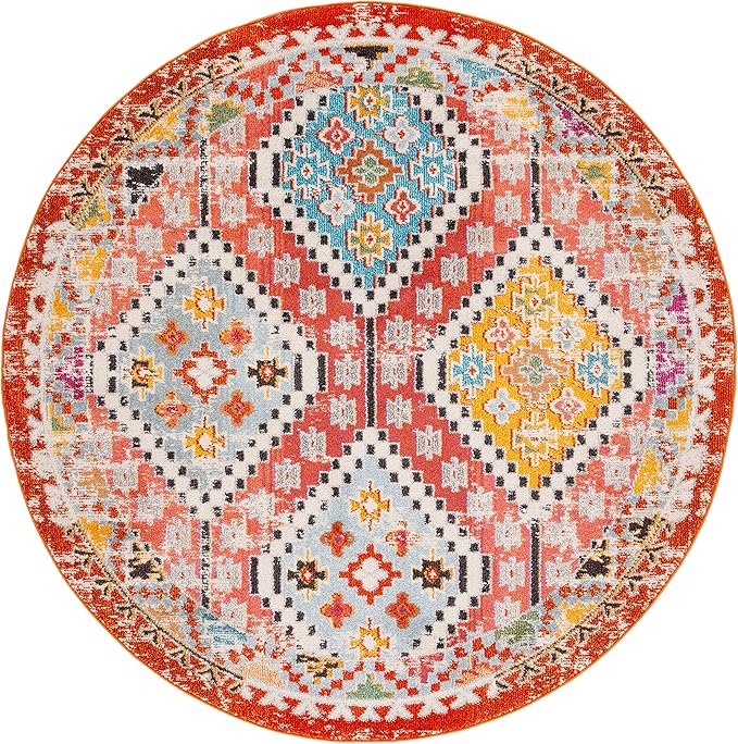 SAFAVIEH Madison Collection 6'7" Round Rust/Pink MAD418Q Boho Diamond Distressed Non-Shedding Entryway Foyer Living Room Bedroom Kitchen Area Rug