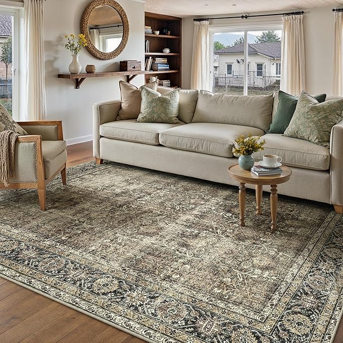 Vintage Area Rug 12x15 Brown Washable Living Room Large Carpet Non Slip Bedroom Indoor Office Low Pile Traditional Distressed Retro Accent Rug for Dining Room