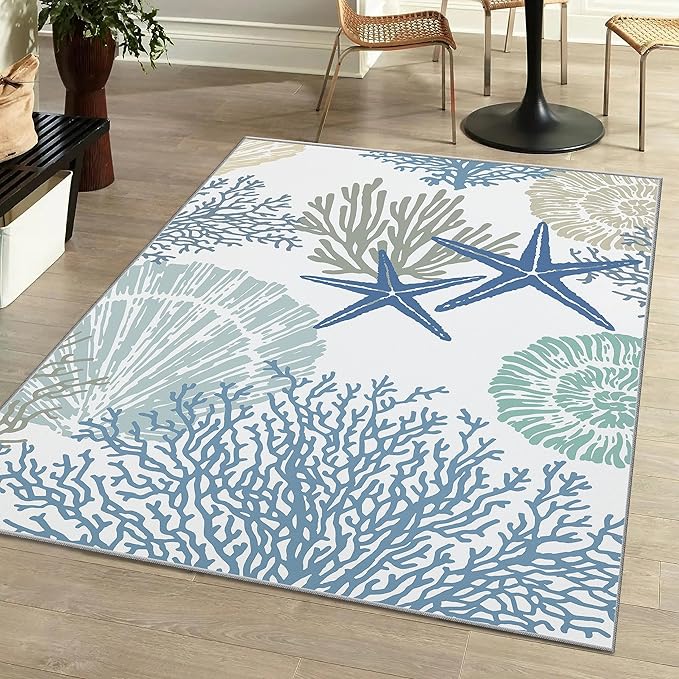 Tritard Coastal Area Rug 3x5 - Small Machine Washable Foldable Throw Rugs Non-Slip Beach Ocean Entryway Indoor Entrance Carpet for Kitchen Bathroom Laundry Bedroom Living Room, Blue