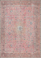 GLN Rugs Traditional Collection - Machine Washable Area Rug, Traditional Washable, Non Slip, Low Pile Chenille Rug, Living Room, Bedroom, Kitchen Rug (5' x 7' Pink/Cream)