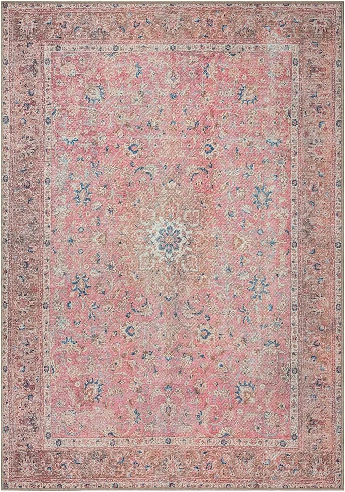 GLN Rugs Traditional Collection - Machine Washable Area Rug, Traditional Washable, Non Slip, Low Pile Chenille Rug, Living Room, Bedroom, Kitchen Rug (3' x 5' Pink/Cream)