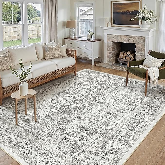 Black Area Rug 5x8 Machine Washable Vintage Living Room Distressed Non Slip Carpet Traditional Indoor Bedroom Retro Floral Accent Throw Large Rug Office Kitchen Bathroom Dining Room