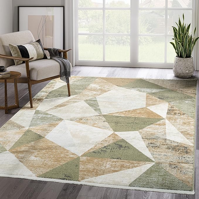 Abani Savoy Collection Area Rug - Green and Cream Geometric Design - 7'9"'x10'2 -Easy to Clean - Durable for Kids and Pets - Non-Shedding - Medium Pile - Soft Feel -for Living Room, Bedroom & Office