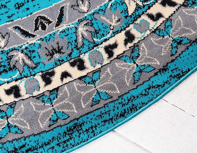 Unique Loom Taftan Collection Border Geometric Tribal Inspired Design Area Rug (8' 0 x 8' 0 Round, Turquoise/ Gray)