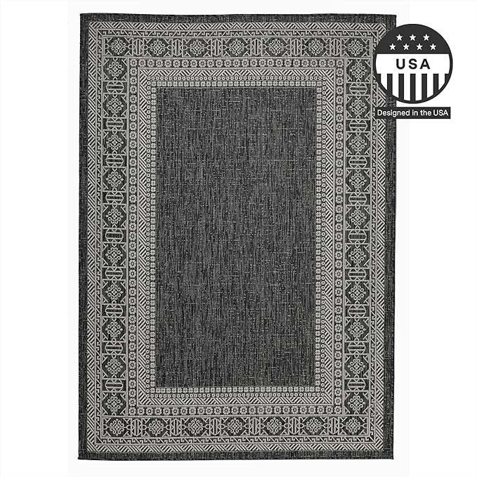 FH Home Flat Woven Outdoor Rug - Waterproof, Easy to Clean, Stain resistant - Premium Polypropylene Yarn - Bordered Moroccan - Patio, Deck,Porch,Balcony,Laundry - Accra - Charcoal - 3ft 11in x 5ft 6in
