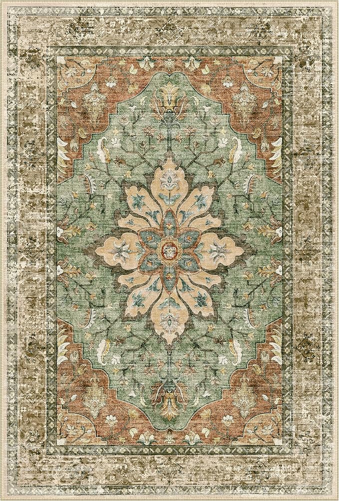 Area Rugs 2'x9' Washable Non-Slip, Floral Vintage Distress Print Pattern Medallion Carpet for Living Room Bedroom Dining Room, Brick Red Rust Neutral Brown Burnt Orange Green
