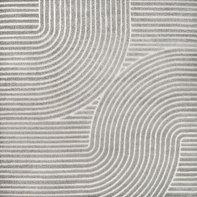 JONATHAN Y Hallie High-Low Curve Gray/Ivory 6x6 Square Indoor/Outdoor Area Rug, Minimalist, Pet Friendly, Non-Shedding, Stain Resistant, Hose-Washable for Backyard, Patio, Porch (SCN100A-6SQ)