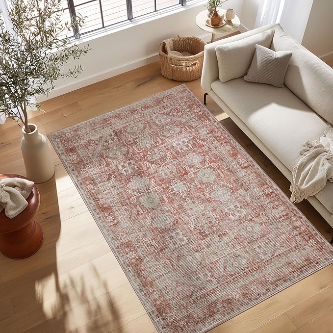 Kuden 5x7 Area Rug, Machine Washable Area Rug with Non-Slip Backing, Vintage Style, Soft, Easy Clean, Low Pile Rug for Living Room, Bedroom, Dining Room
