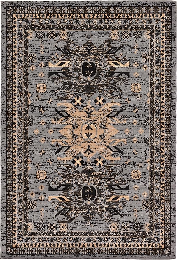 Unique Loom Taftan Collection Border Geometric Tribal Inspired Design Area Rug (6' 0 x 9' 0 Rectangular, Gray/ Black)