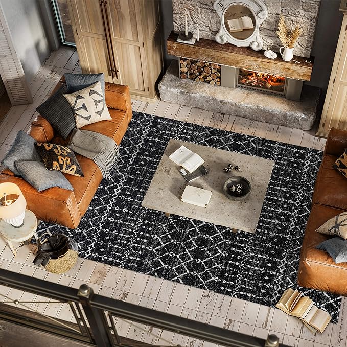 JONATHAN Y Boho Vintage Diamond Black/Ivory Indoor Area Rug 5X8 ft, Moroccan Hype for Living Room, Bedroom, Kitchen, Office, Easy-Cleaning, High Traffic, Pet-Friendly, Non-Shedding (MOH101D-5)
