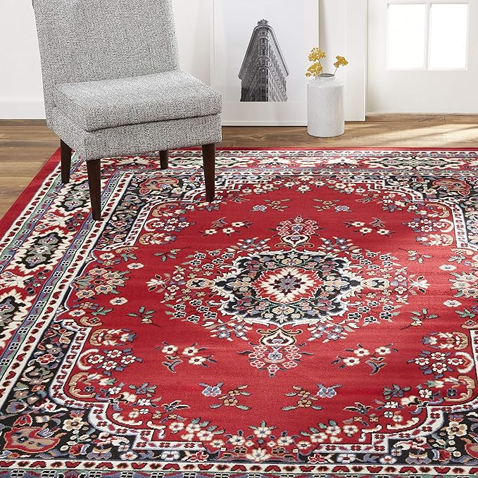 Home Dynamix Premium Sakarya Traditional Medallion Border Area Rug, Claret, 5'2"x7'4" Rectangle