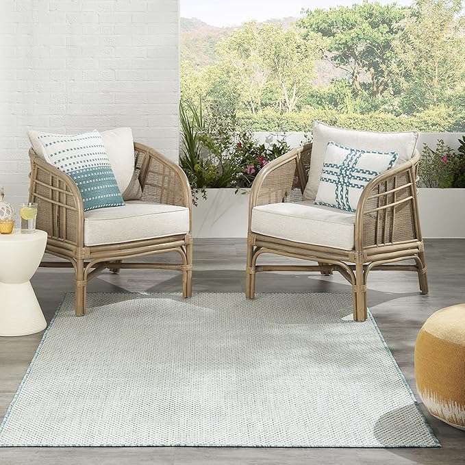 Nourison Home Courtyard Ivory Aqua 5' x 7' Area Rug - Easy Clean, Non Shedding, Bed Room, Living Room, Dining Room, Kitchen (5' x 7')