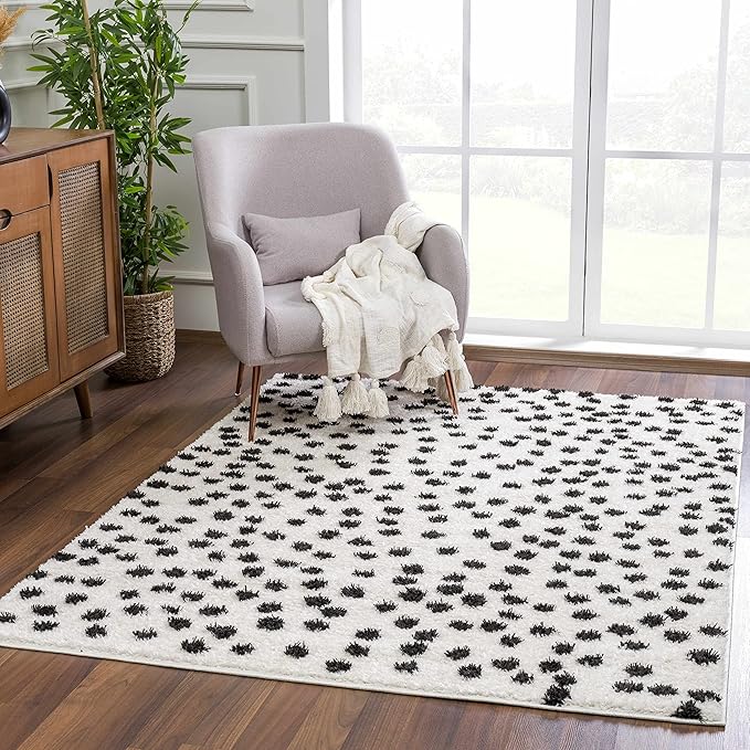 Hauteloom Tilos Dalmatian Hallway, Entryway Shag Runner Rug - Shaggy Runner Rug - Dot Pattern - High Plush Pile - Black, White - 2'7" x 7'3"