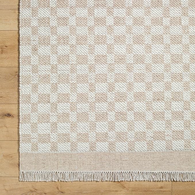 Mark&Day Wool Rugs, 2x3 Clinten Solid and Border Tan Checkered Rug, Tan Ivory Carpet for Living Room, Bedroom or Kitchen (2' x 3')