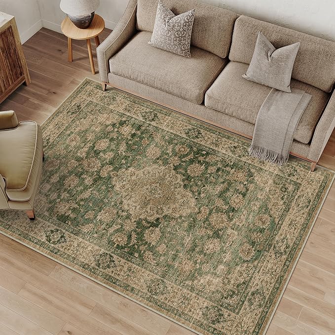 HUGEAR 3x5 Entryway Area Rug Retro Green Small Rug Machine Washable Door Mat Vintage Floral Low Pile Carpet Distressed Throw Rug Entrance Kitchen Bedroom Bathroom Office Non Slip Soft Lightweight