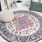 JONATHAN Y Boho Vintage Blue/Multi 3' Round Area Rug, Bohemian Flair Medallion, Floral Easy-Cleaning High Traffic for Living Room, Bedroom, Kitchen, Pet-Friendly, Non Shedding (BMF106A-3R)