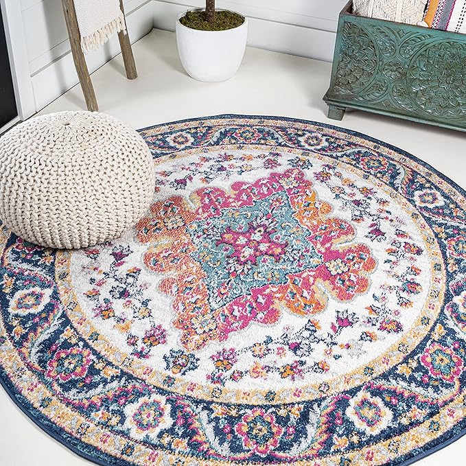 JONATHAN Y Boho Vintage Blue/Multi 9' Round Area Rug, Bohemian Flair Medallion, Floral Easy-Cleaning High Traffic for Living Room, Bedroom, Kitchen, Pet-Friendly, Non Shedding (BMF106A-9R)