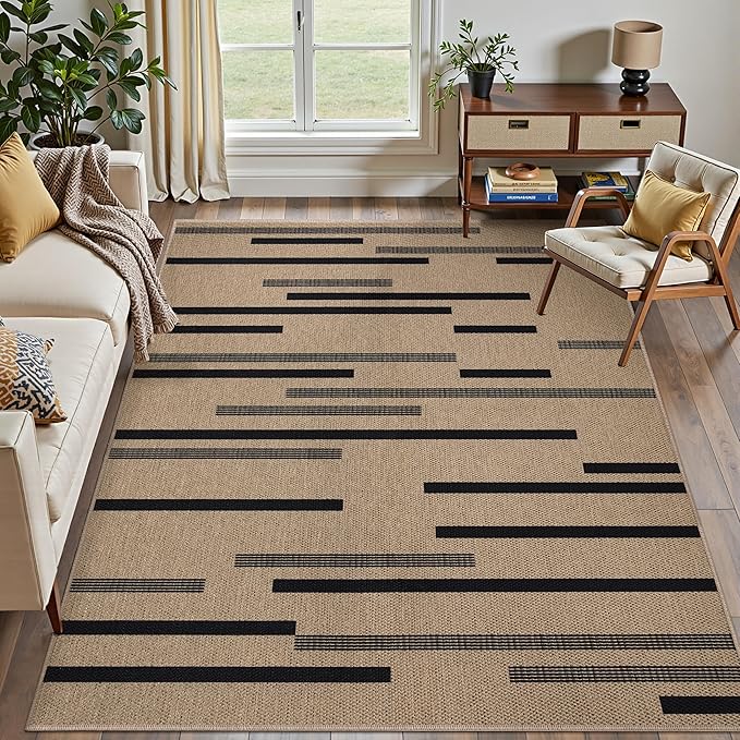 Tangsoo Washable Stripe Easy Jute Rug 4x6 for Paito,Non-Slip Indoor Outdoor Thin Carpet,Farmhouse Black Throw Mat for Front Porch Dining Room Bedroom Backyard Foyer