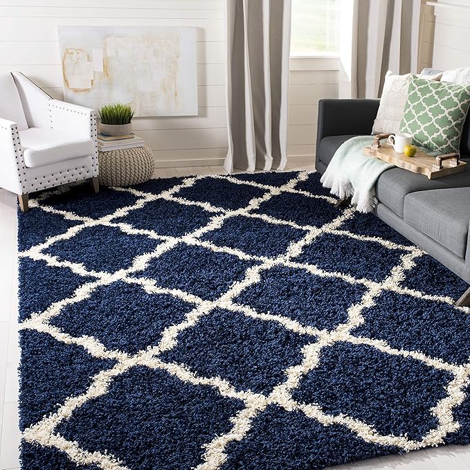SAFAVIEH Dallas Shag Collection Area Rug - 6' x 9', Navy & Ivory, Trellis Design, Non-Shedding & Easy Care, 1.5-inch Thick Ideal for High Traffic Areas in Living Room, Bedroom (SGD257N)