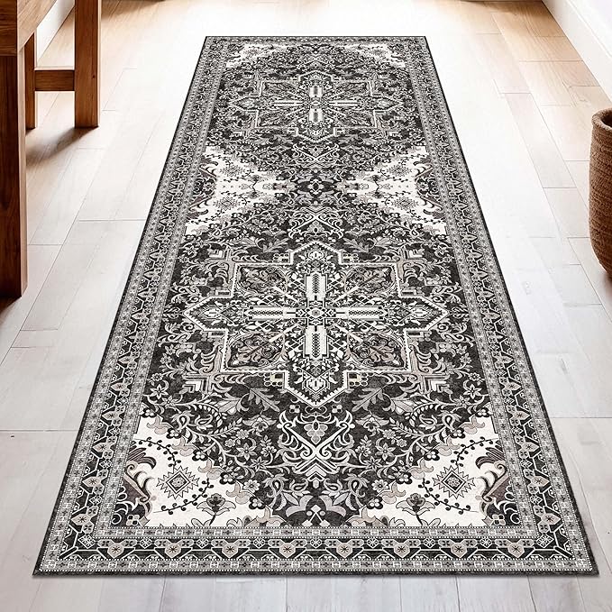 Washable Runner Rug 2.5x8 | Non Slip Rug Runners for Hallways, Entryways, Kitchens, Bathrooms, Bedrooms | Ultra-Soft Flannel Carpet Runners with Rubber Backing (Charcoal, 2.5x8)