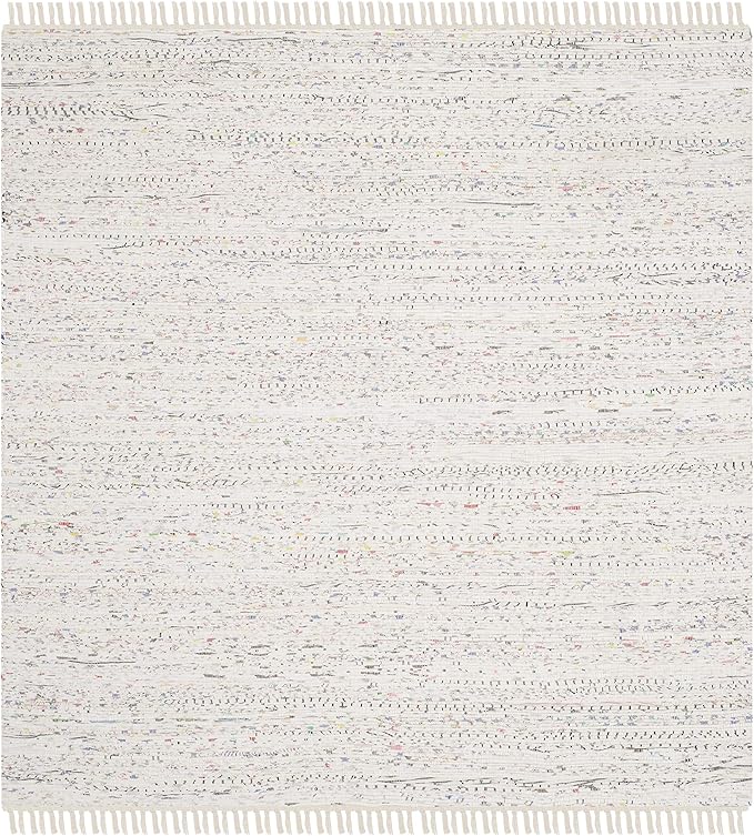 SAFAVIEH Rag Rug Collection Area Rug - 5' Square, Ivory & Multi, Handmade Boho Stripe Cotton, Ideal for High Traffic Areas in Living Room, Bedroom (RAR121G)