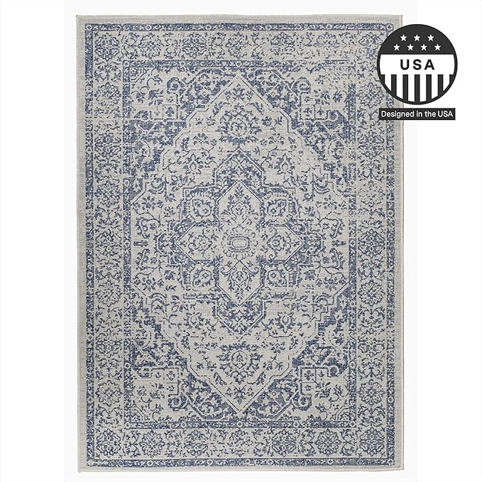 FH Home Flat Woven Outdoor Rug - Waterproof, Easy to Clean, Stain Resistant - Premium Polypropylene Yarn - Vintage - Patio, Deck, Porch,Balcony - Ankara - Distressed Blue - 3ft 11in x 5ft 6in