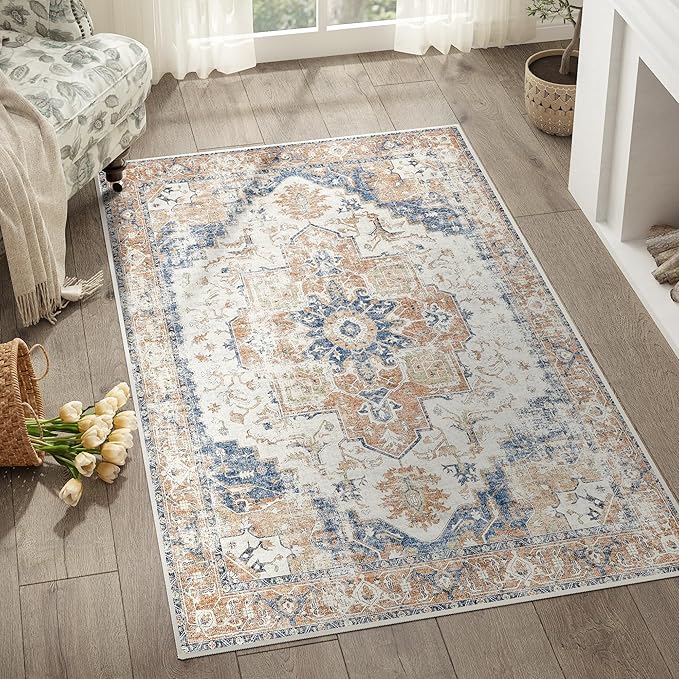 jinchan Area Rug 3x5 Washable Entryway Rug Vintage Indoor Doormat Distressed Thin Mat Lightweight Non-Slip Stain Resistant Low Pile Carpet for Kitchen Living Room Bedroom Dining Room Office Orange