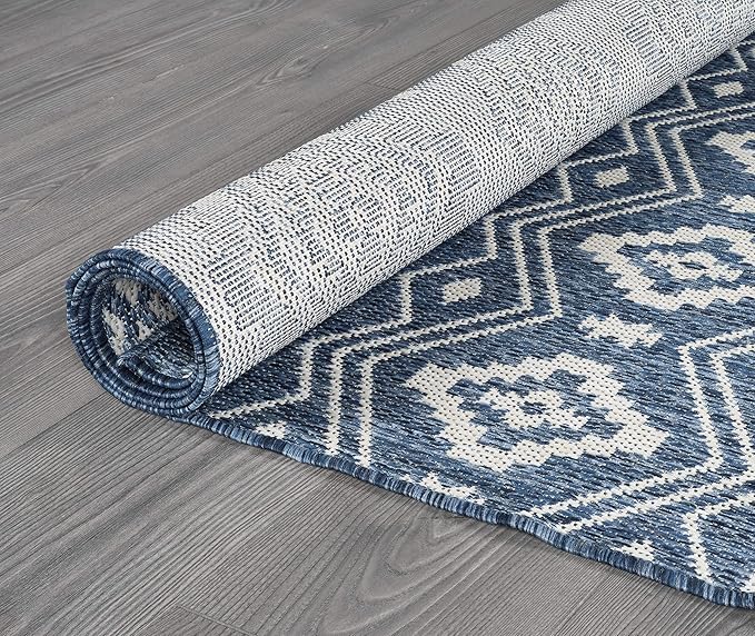 Beverly Rug Waikiki Boho Indoor Outdoor Rug 10x14, Washable Outside Carpet for Patio, Deck, Porch, Bohemian Area Rug, Farmhouse Rugs, Aztec Tribal Rug, Azure and White