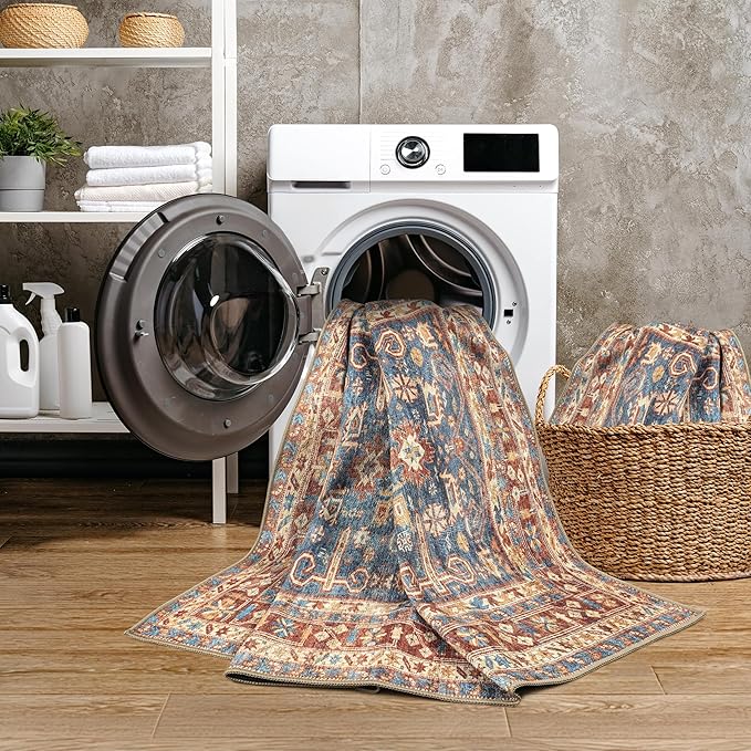 GLN Rugs Traditional Collection - Machine Washable Area Rug, Traditional Washable, Non Slip, Low Pile Chenille Rug, Living Room, Bedroom, Kitchen Rug (9' x 12' Terra/Slate Blue)