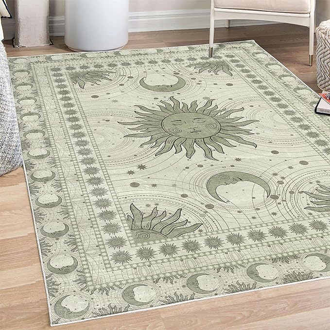 Ambesonne Sun and Moon Decorative Rug, Bohemian Artwork Design of Crescent Solar Ornament Esoteric Stars Ornaments, Quality Carpet for Bedroom Dorm and Living Room, 5' 1" X 7' 5", Pale Reseda