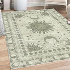 Ambesonne Sun and Moon Decorative Rug, Bohemian Artwork Design of Crescent Solar Ornament Esoteric Stars Ornaments, Quality Carpet for Bedroom Dorm and Living Room, 5' 1" X 7' 5", Pale Reseda