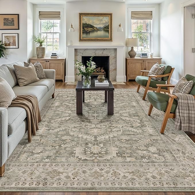 Brown 6x9 Area Rug Vintage Washable Living Room Carpet Non Slip Bedroom Indoor Office Low Pile Large Traditional Distressed Retro Accent Rug for Dining Room Bathroom Kitchen