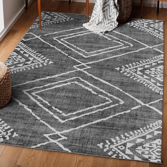 ReaLife Rugs Machine Washable Area Rug - Living Room Bedroom Bathroom Kitchen Entryway Office - Padded Low Pile Stain Resistant Premium - Moroccan Diamond Tribal - Jax - Gray 4' x 6'