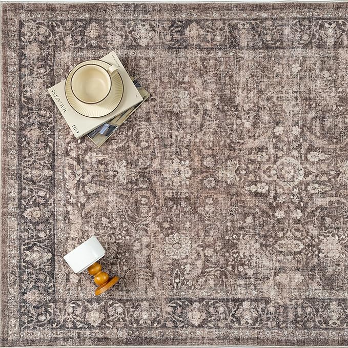 9x12 Brown Area Rug for Living Room Bedroom Neutral Vintage Soft Non Slip Rug Low Pile Distressed Large Carpet for Dining Room Nursery Office Indoor