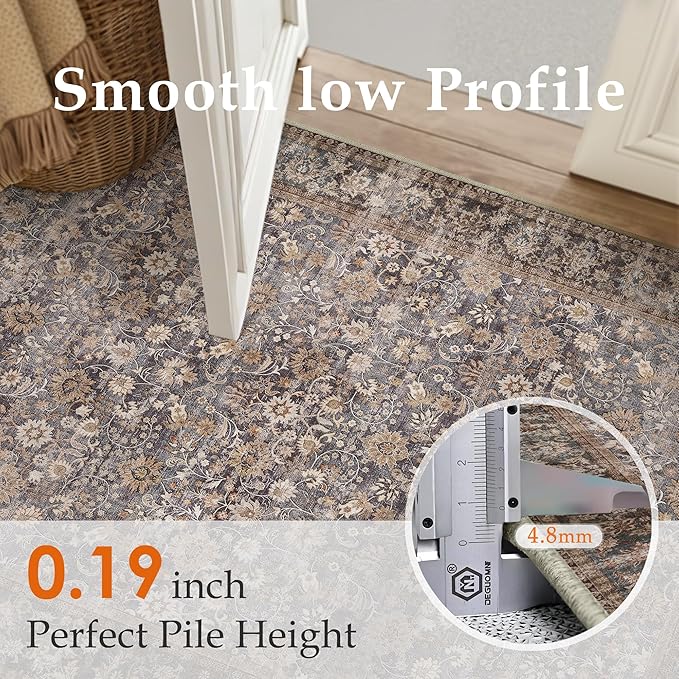 HUGEAR 8x10 Machine Washable Rugs Tradition Brown Hallway Large Area Rug Indoor Accent Rug Floral Low Pile Carpet Soft Throw Aesthetic Rug Bedroom Living Room Office Dining Room Kitchen Laundry Room