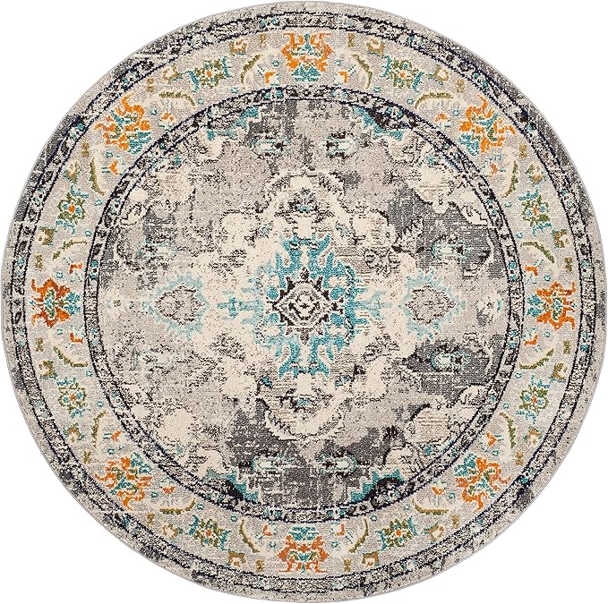 SAFAVIEH Monaco Collection Area Rug - 11' Round, Grey & Light Blue, Boho Chic Medallion Distressed Design, Non-Shedding & Easy Care, Ideal for High Traffic Areas in Living Room, Bedroom (MNC243G)
