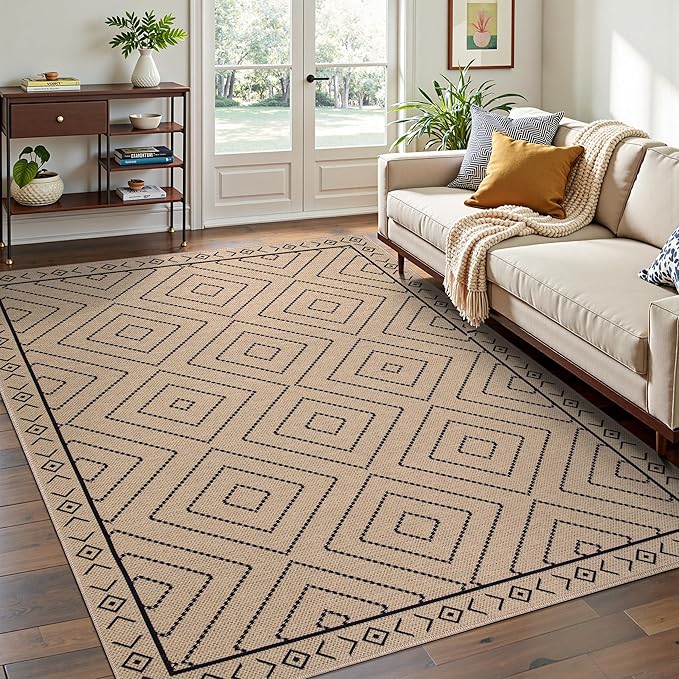 Tangsoo Modern Easy Jute 4x6 Outdoor Rug for Living Room,Ultra Thin Washable Area Rug,Geometric Indoor Carpet Farmhouse Non-Slip Throw Mat for Bedroom Dining Room Patio Front Porch