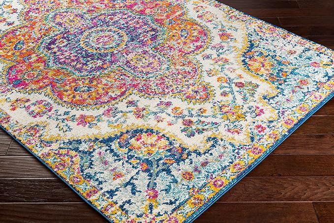 Livabliss Area Rugs - 2x3 Romaine Vintage Boho Fuchsia Mustard Blue Area Rug for Living Room Bedroom - Floral Medallion Stain Resistant Carpet for Kitchen, Nursery, Office (2' x 3')